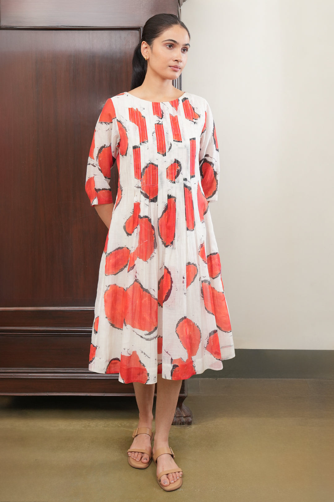 Off-White and Red Abstract Printed Chanderi Dress