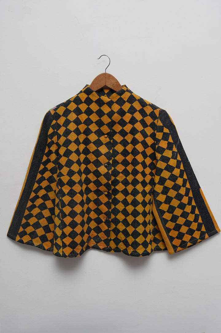 Mustard Check Cotton Kantha Jacket