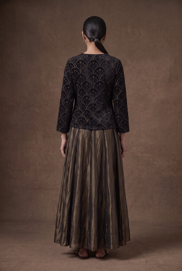 Black & Gold Hand-Embroidered Velvet Blouse and Lehenga Set