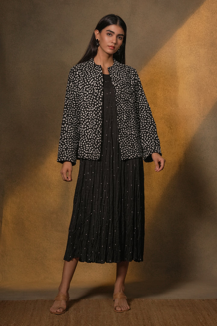 Black Dress with Patch Embroidered Cotton Silk Jacket