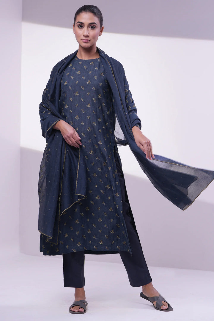 Navy Cotton Silk Embroidered Kurta Set
