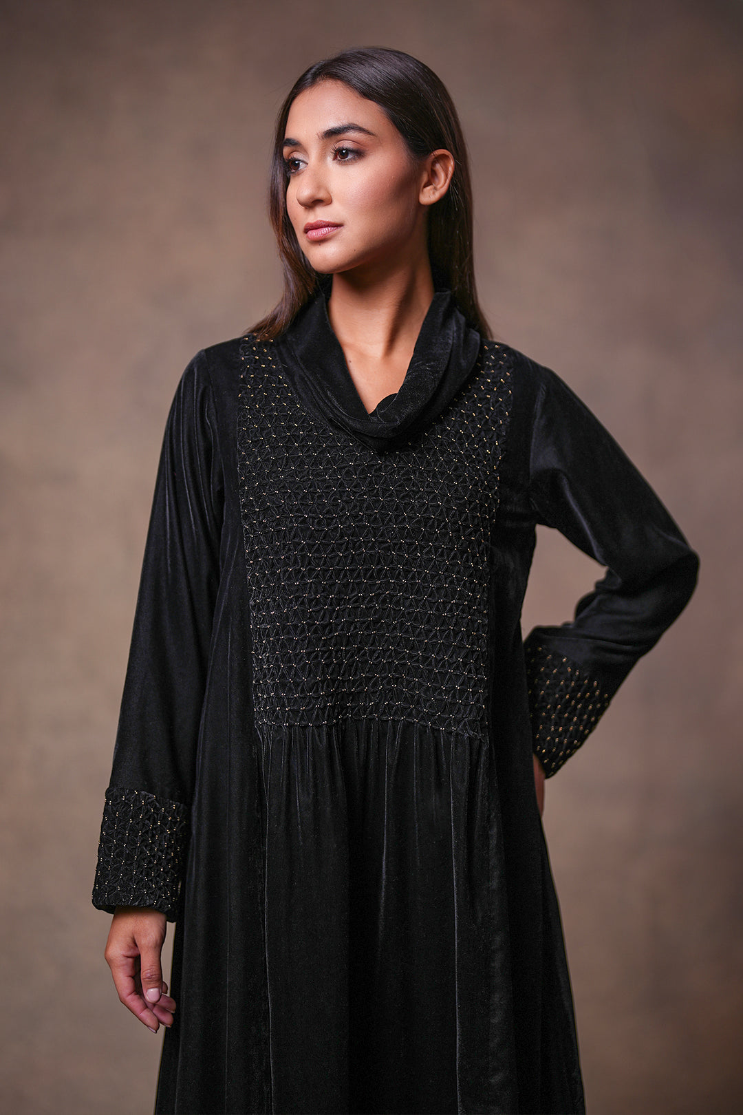 Black Hand Embroidered Velvet Dress