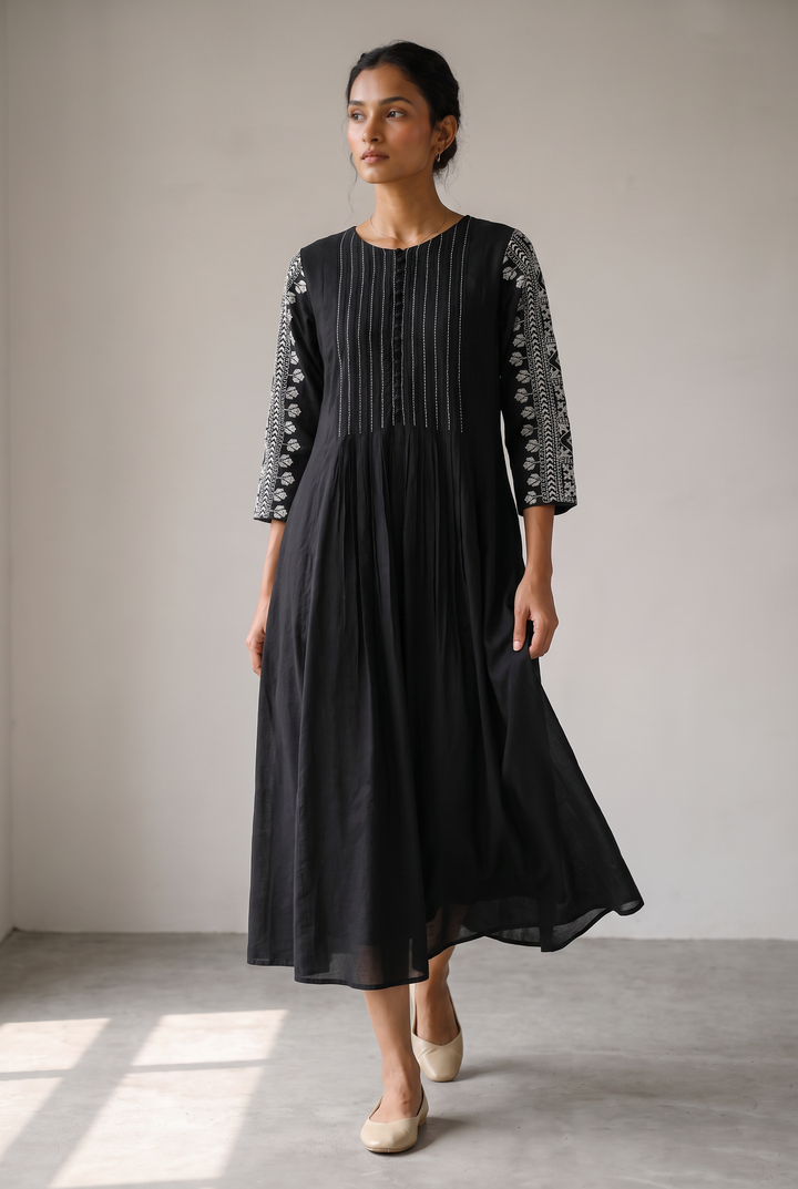 Black Cotton Silk Embroidered Dress