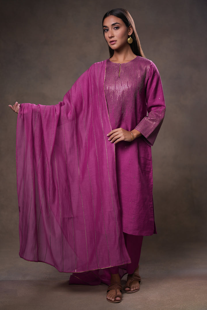 Plum Hand Embroidered Silk Kurta with Pants and Dupatta