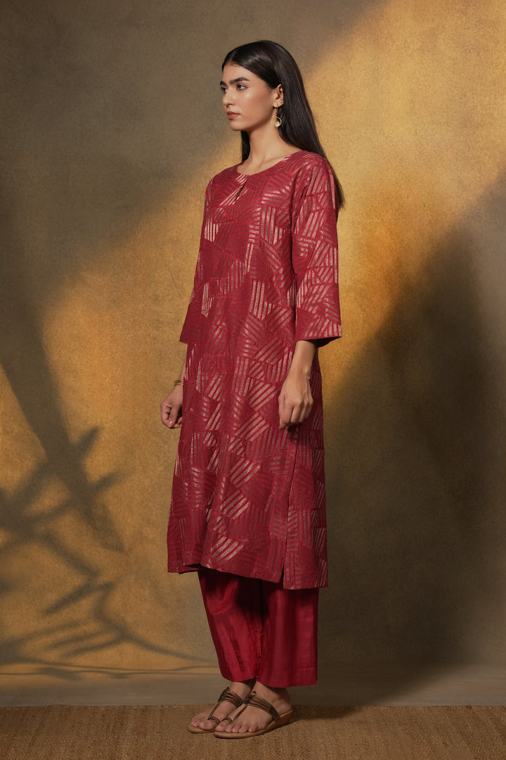 Wine Embroidered Cotton Silk Kurta with Pants and Dupatta