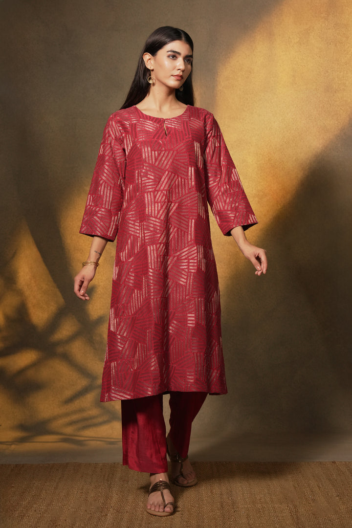 Wine Embroidered Cotton Silk Kurta with Pants and Dupatta