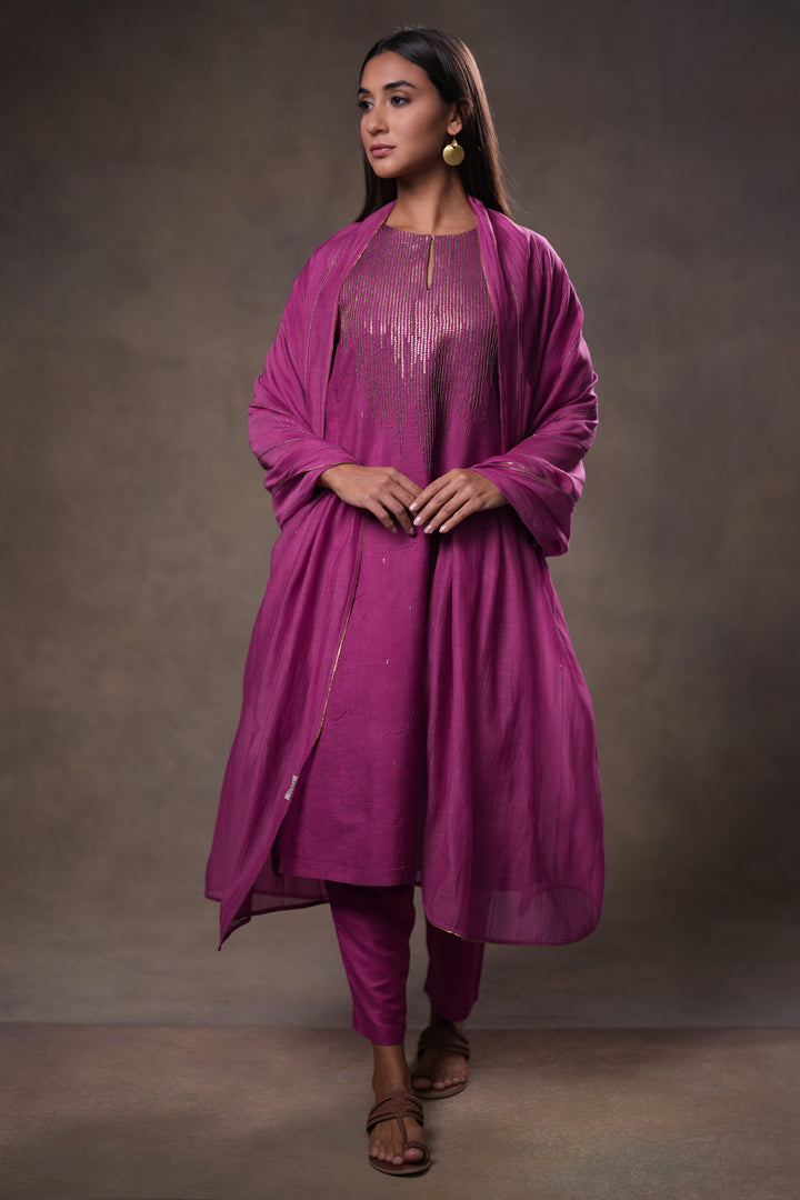Plum Hand Embroidered Silk Kurta with Pants and Dupatta