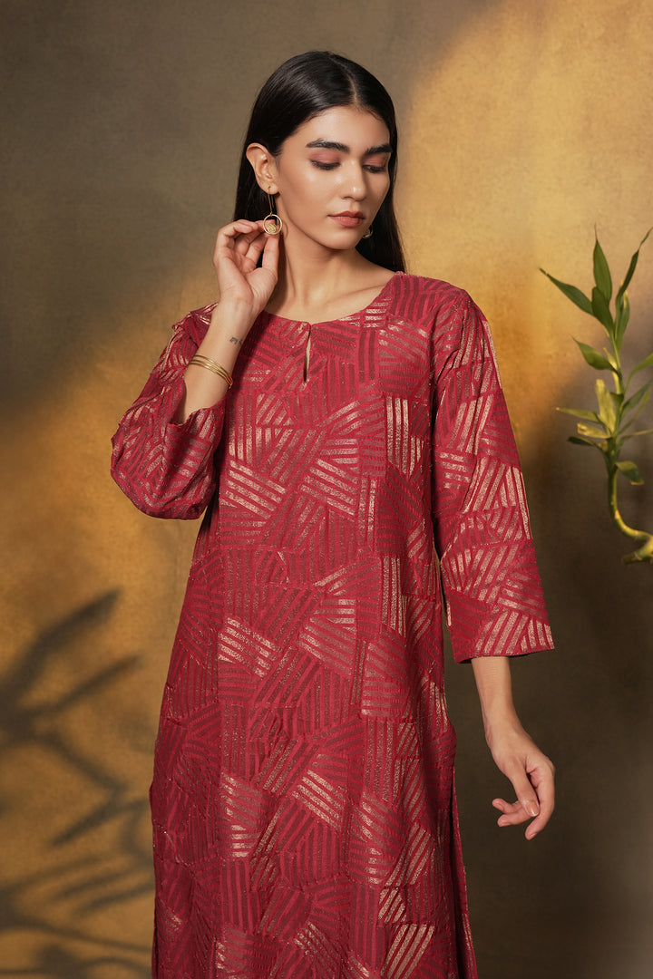 Wine Embroidered Cotton Silk Kurta with Pants and Dupatta