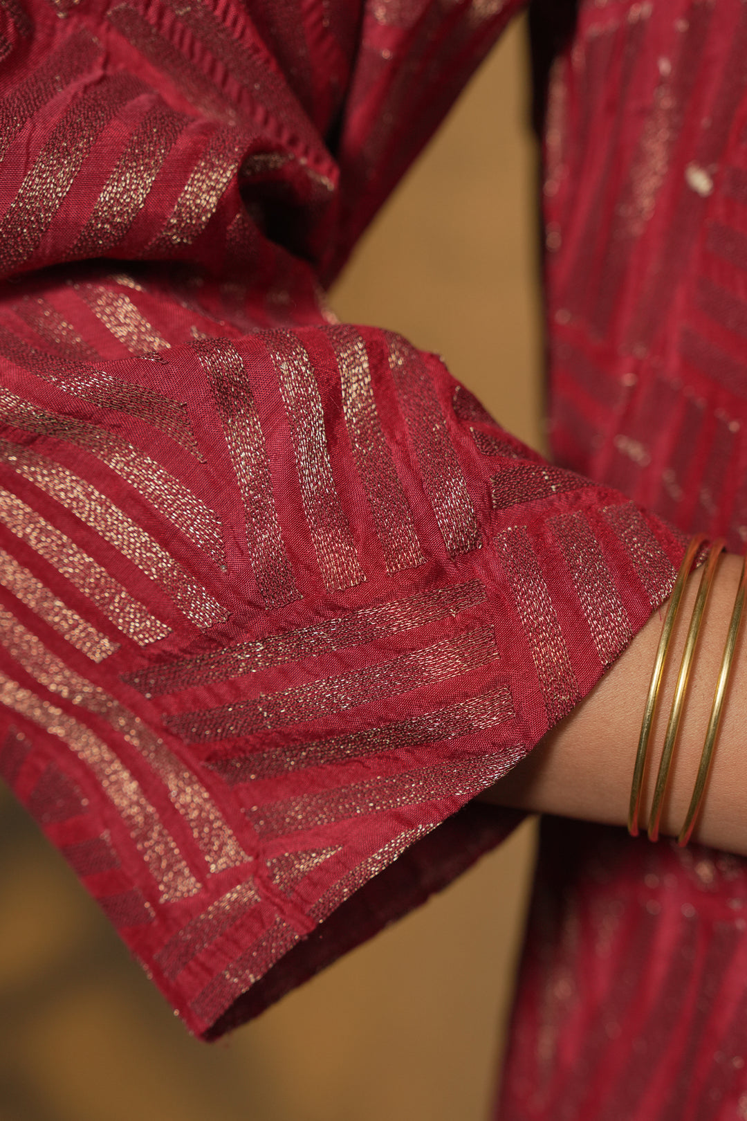 Wine Embroidered Cotton Silk Kurta with Pants and Dupatta