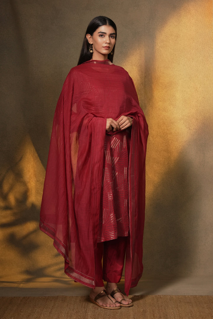 Wine Embroidered Cotton Silk Kurta with Pants and Dupatta