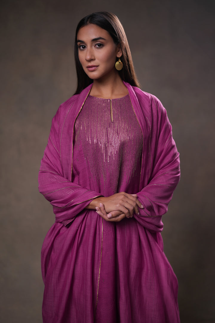 Plum Hand Embroidered Silk Kurta with Pants and Dupatta