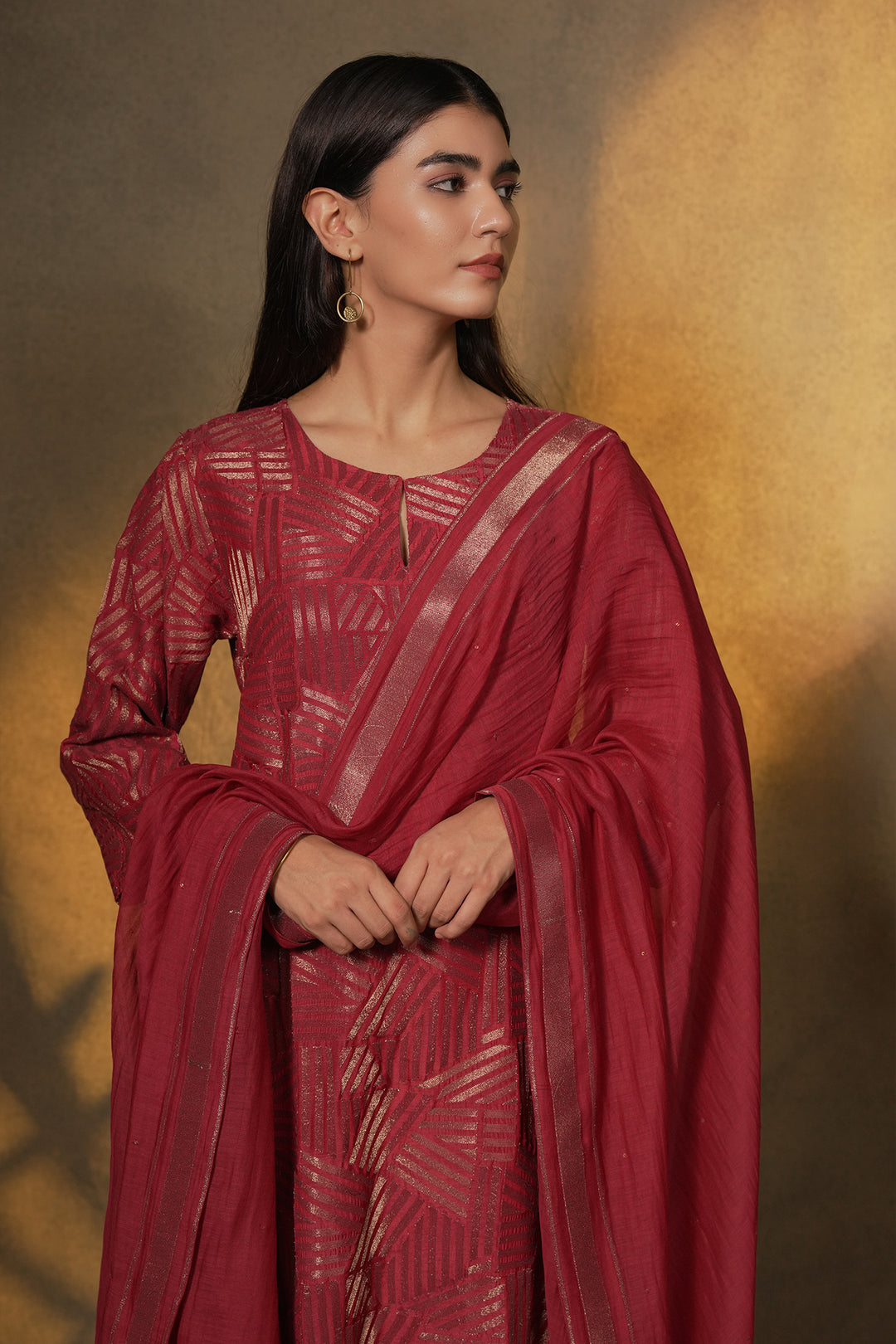 Wine Embroidered Cotton Silk Kurta with Pants and Dupatta