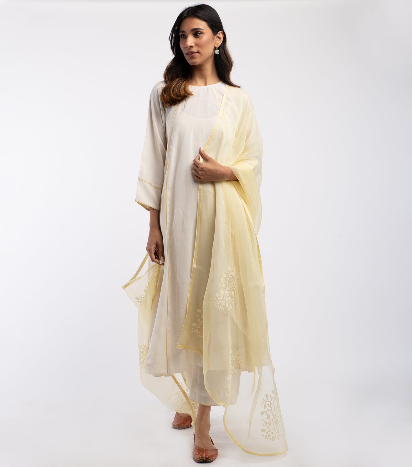 Ivory Chanderi Kurta & Cotton Palazzo Pants Set