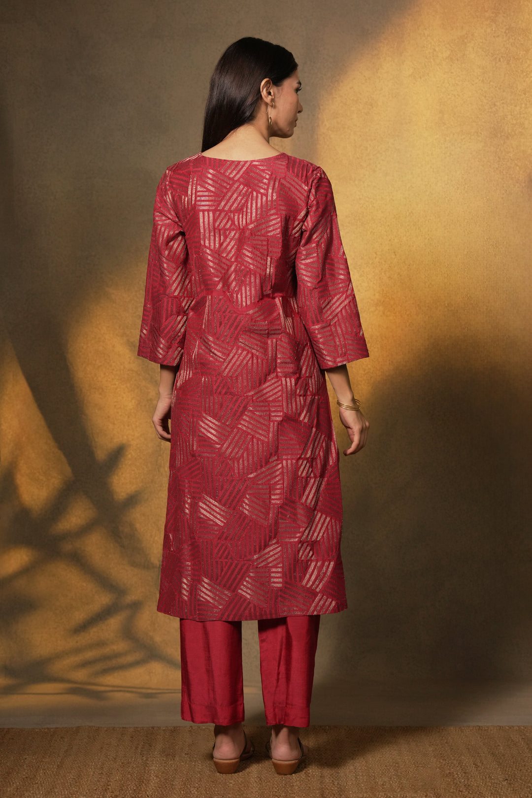 Wine Embroidered Cotton Silk Kurta with Pants and Dupatta