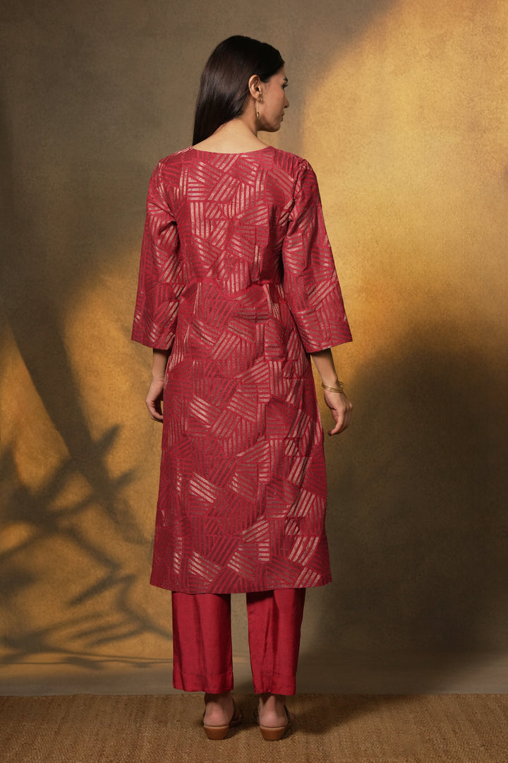 Wine Embroidered Cotton Silk Kurta with Pants and Dupatta
