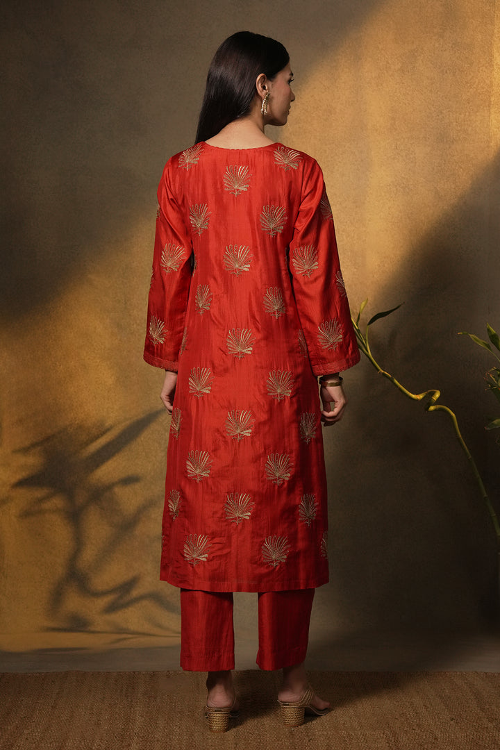 Orange Hand Embroidered Silk Kurta with Pants and Dupatta