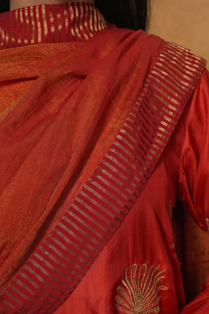 Orange Hand Embroidered Silk Kurta with Pants and Dupatta