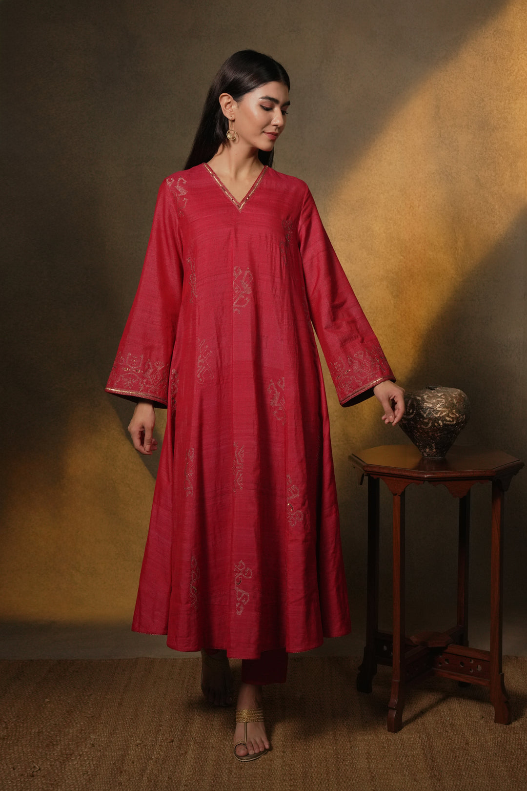Hot Pink Hand Embroidered Silk Kurta with Organza Dupatta