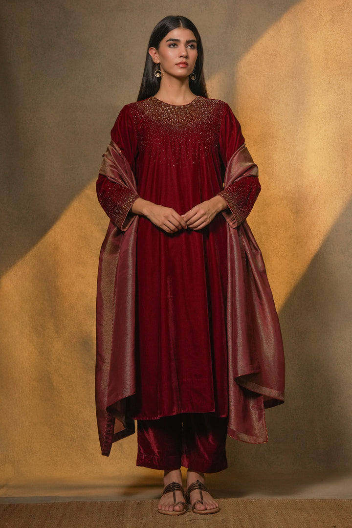 Maroon Velvet Kurta with Pants and Tissue Dupatta