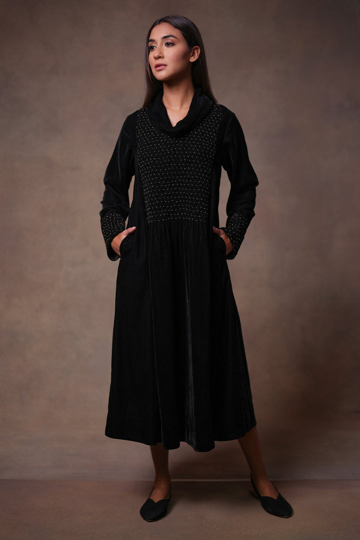 Black Hand Embroidered Velvet Dress
