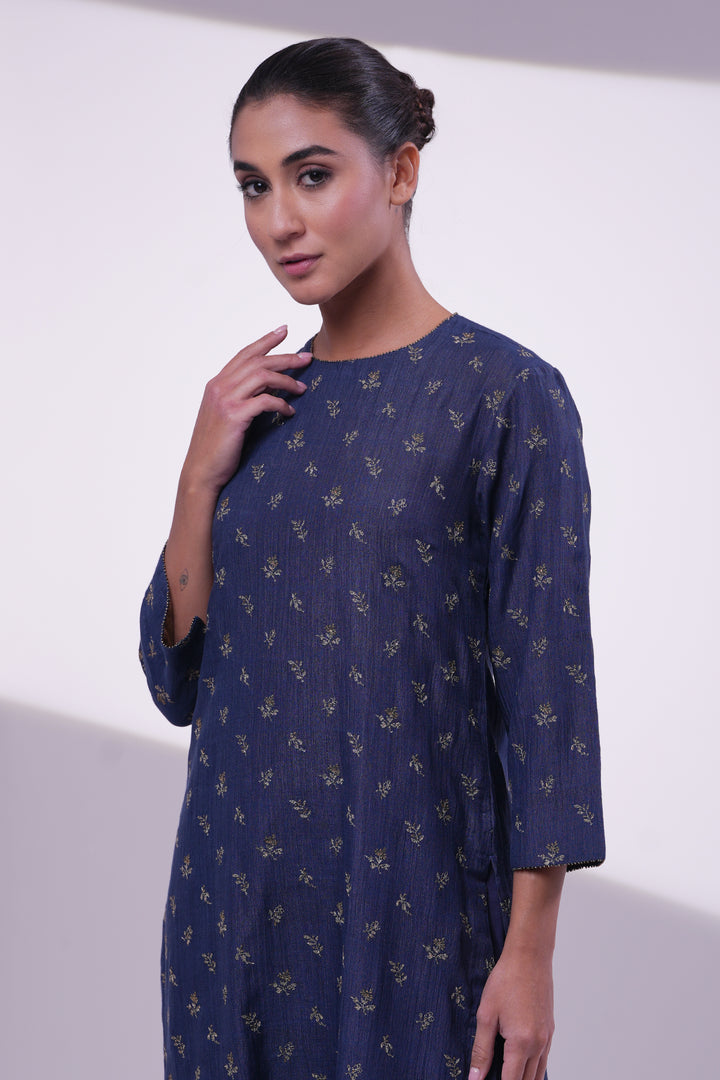 Navy Cotton Silk Embroidered Kurta Set