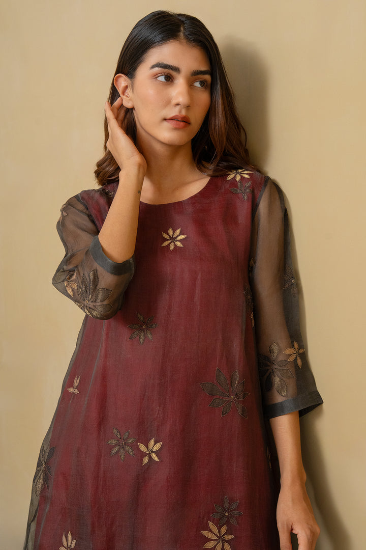 Maroon organza embroidered kurta set