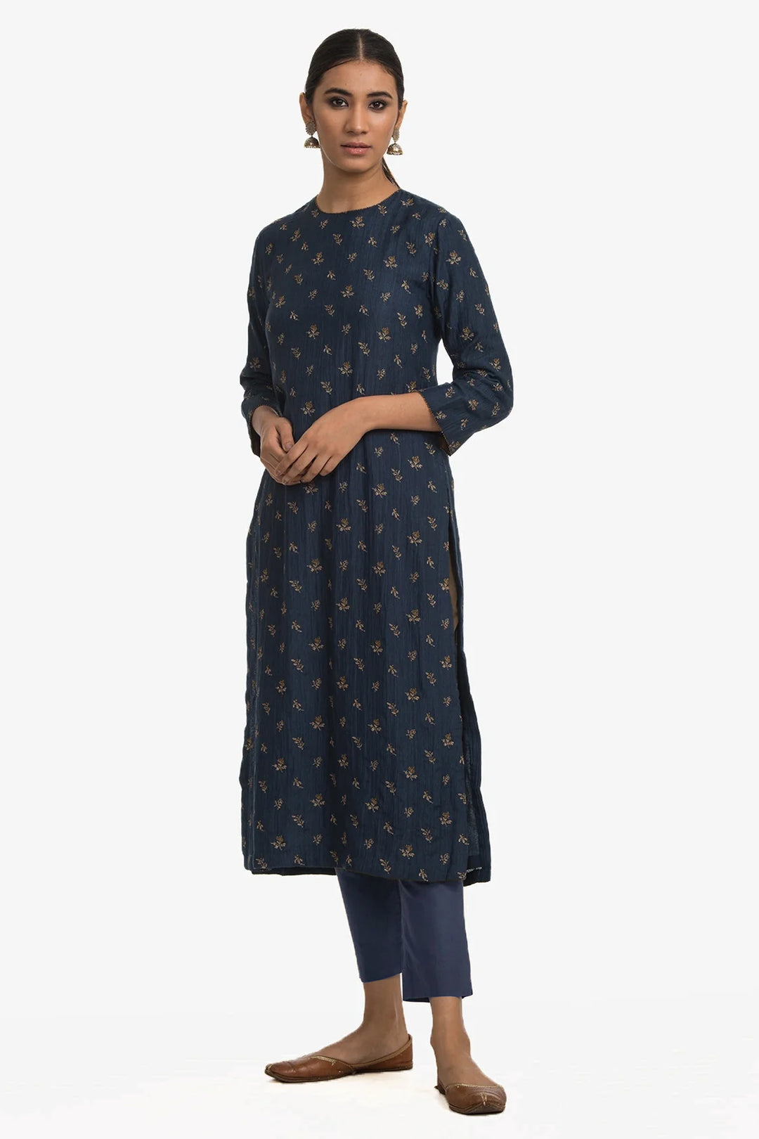Navy Cotton Silk Embroidered Kurta Set