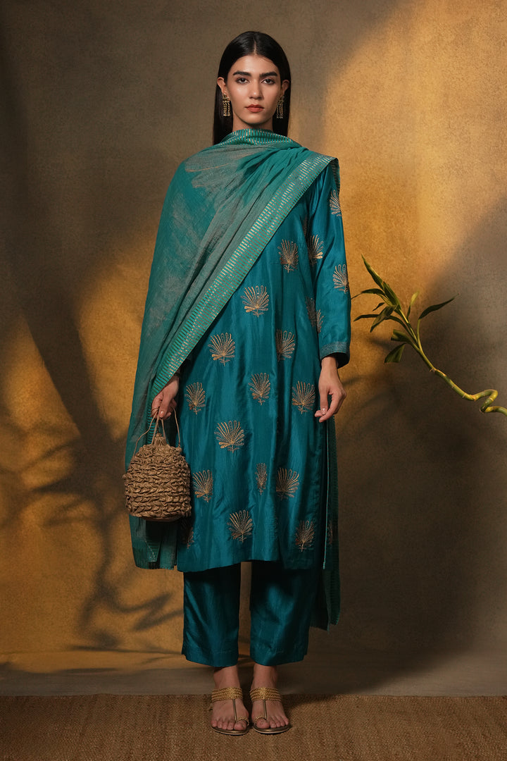 Teal Hand Embroidered Silk Kurta with Pants and Dupatta
