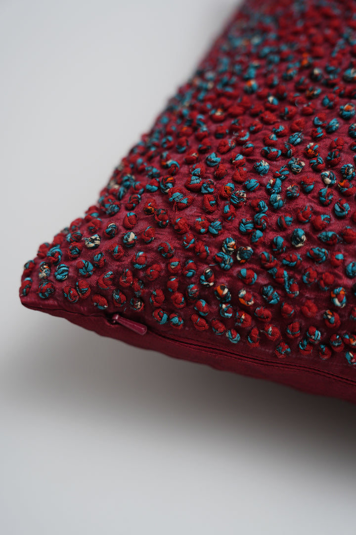 Maroon French Knot Silk Cushion Cover