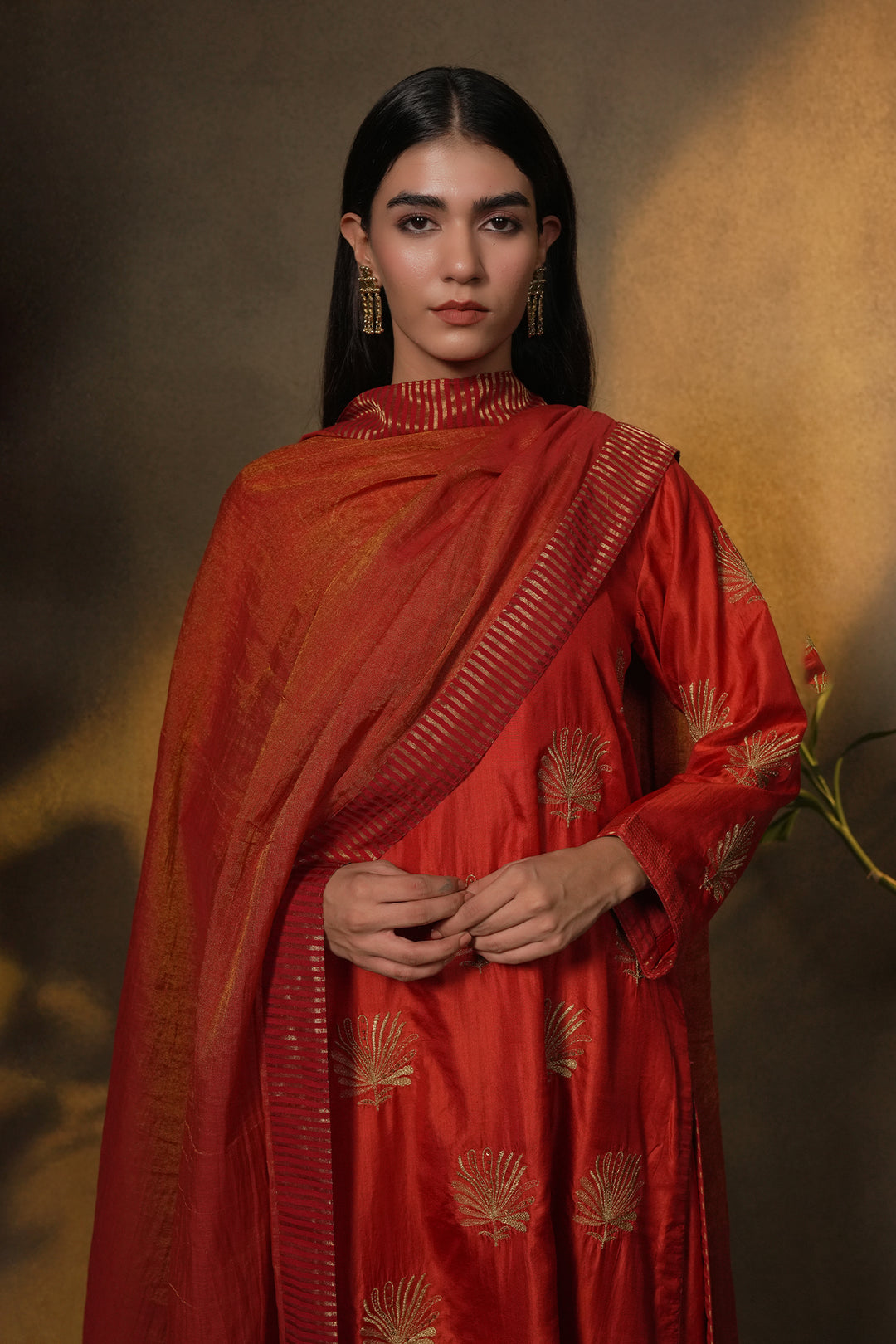 Orange Hand Embroidered Silk Kurta with Pants and Dupatta