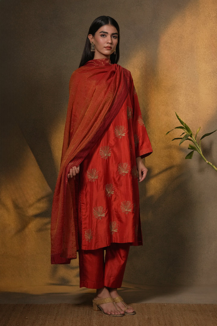 Orange Embroidered Tissue Dupatta