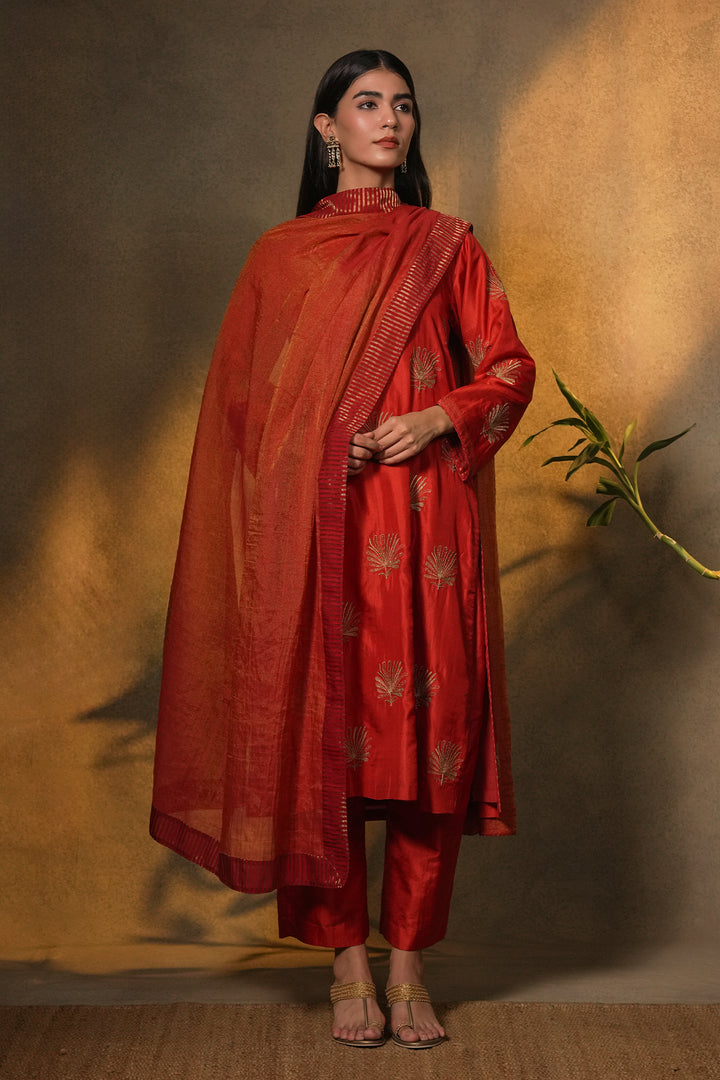 Orange Hand Embroidered Silk Kurta with Pants and Dupatta