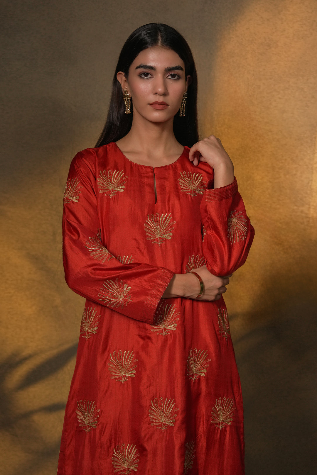 Orange Hand Embroidered Silk Kurta with Pants and Dupatta