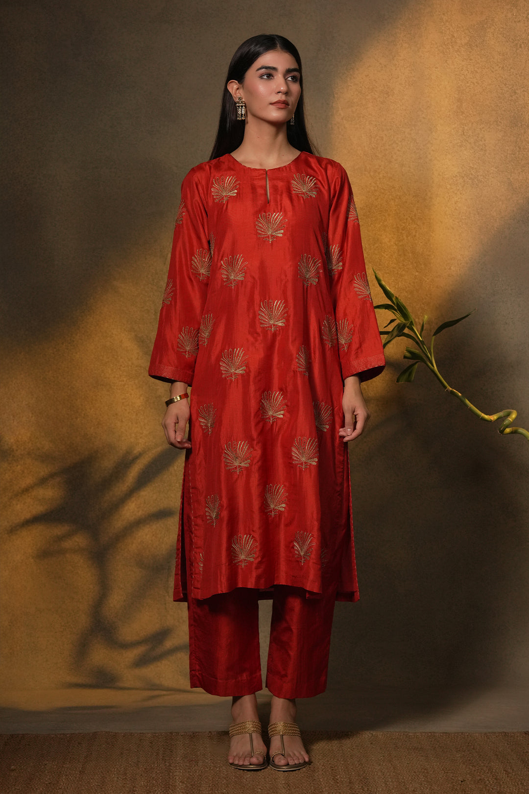 Orange Hand Embroidered Silk Kurta with Pants and Dupatta