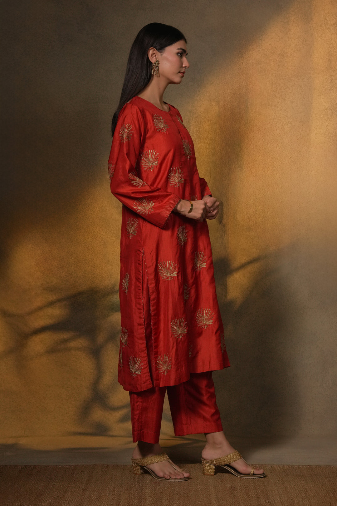 Orange Hand Embroidered Silk Kurta with Pants and Dupatta