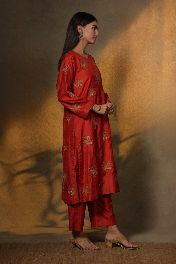 Orange Hand Embroidered Silk Kurta with Pants and Dupatta