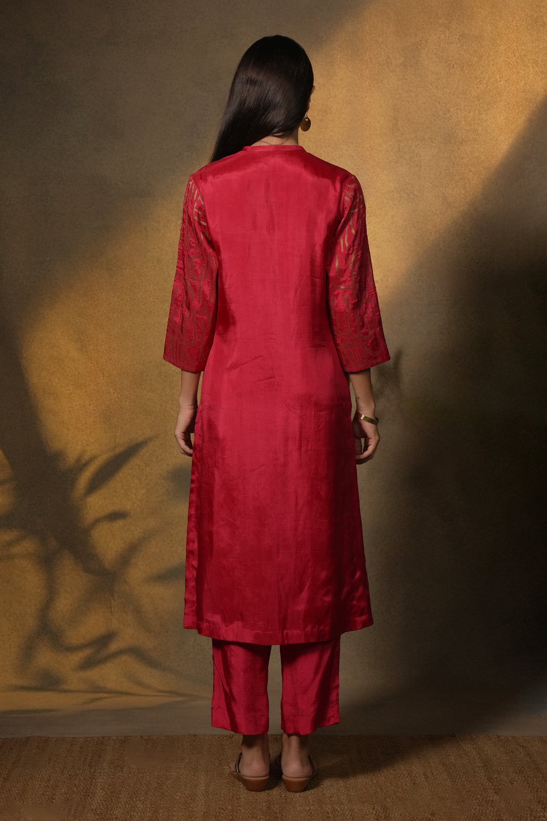 Hot Pink Patch Work Embroidered Silk Kurta with Pants