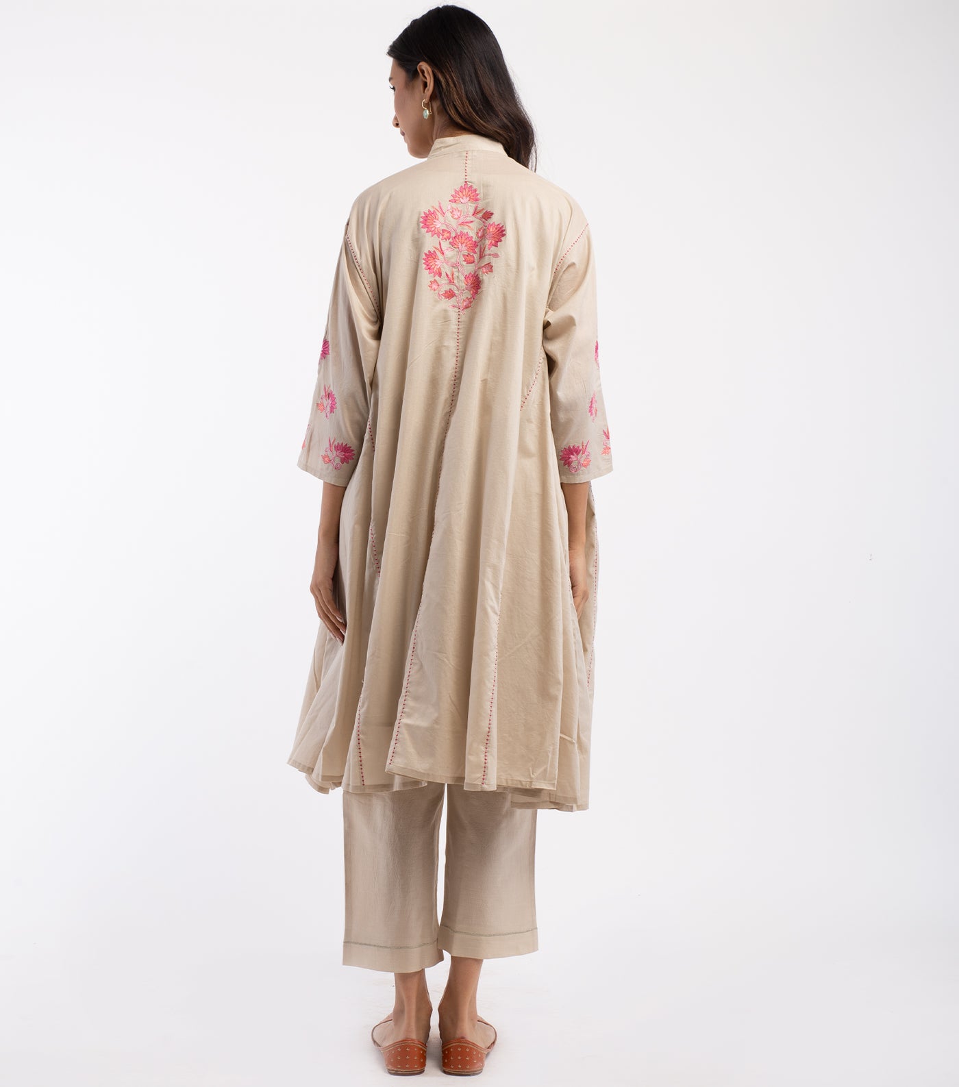 Beige Embroidered Cotton Choga