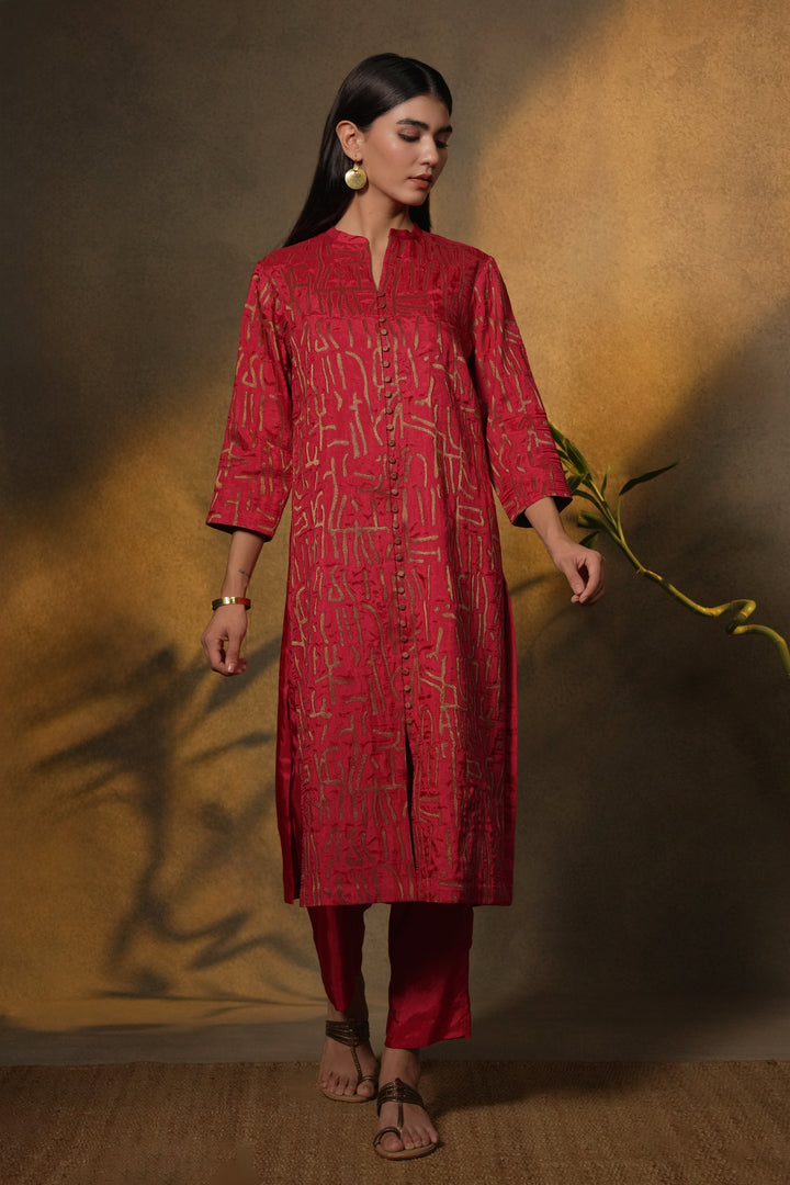 Hot Pink Patch Work Embroidered Silk Kurta with Pants