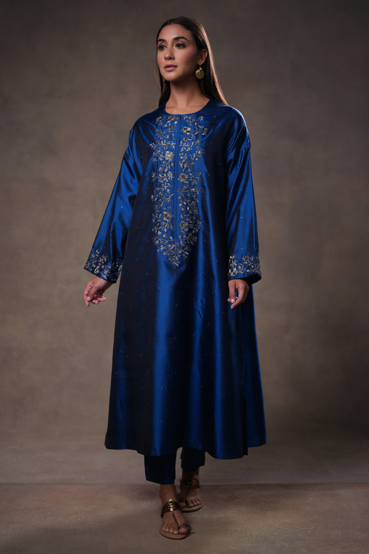 Blue Hand Embroidered Silk Kurta with Pants and Dupatta