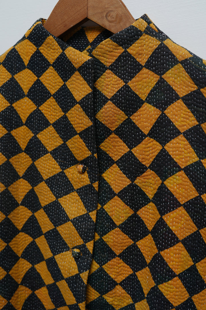 Mustard Check Cotton Kantha Jacket