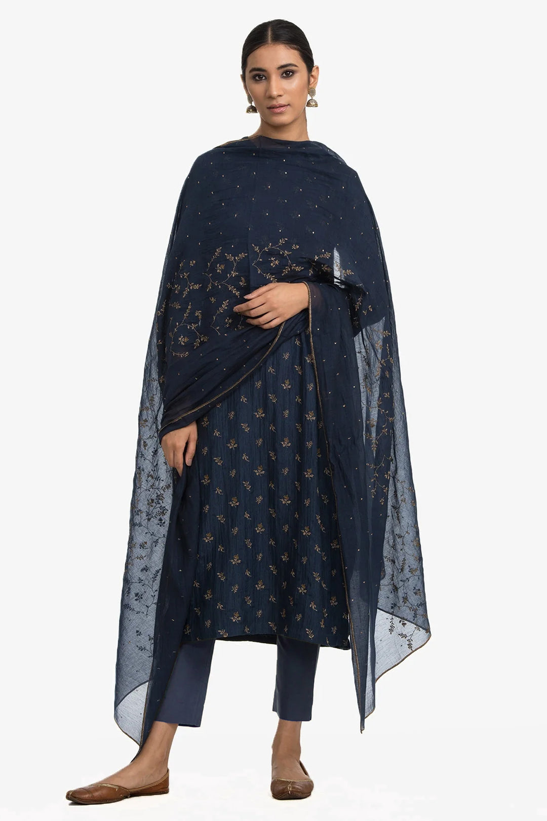 Navy Cotton Silk Embroidered Kurta Set