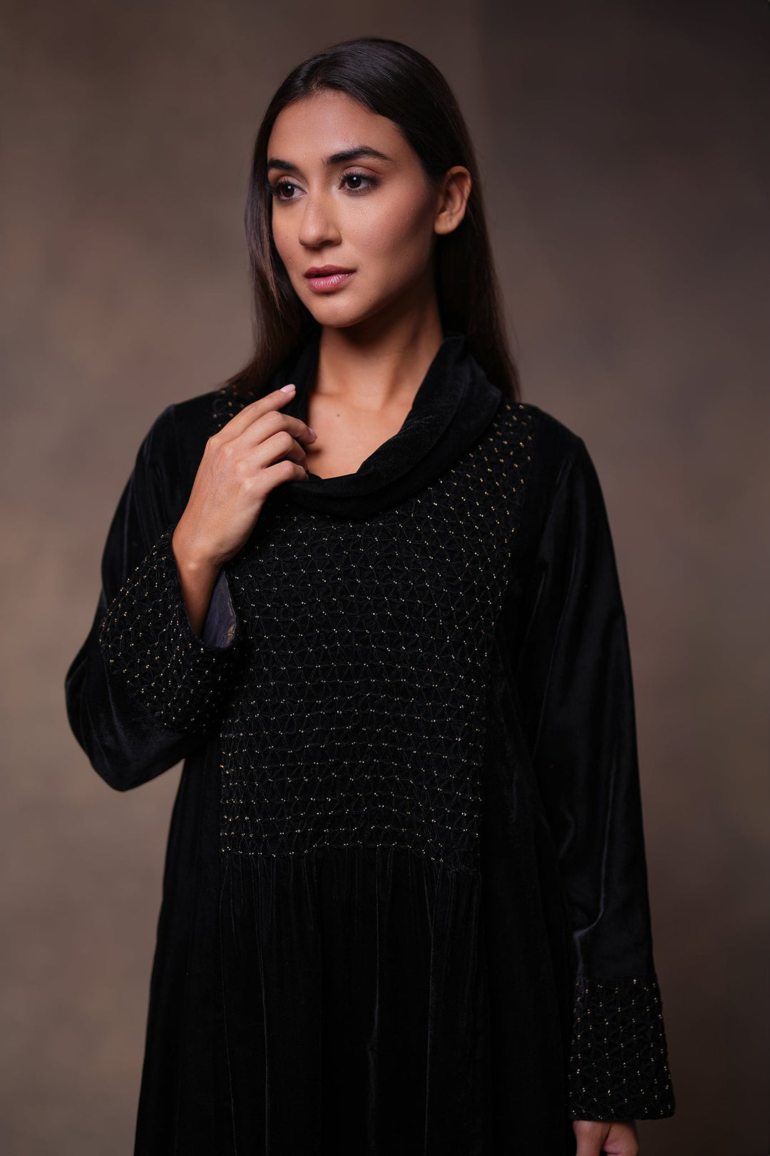 Black Hand Embroidered Velvet Dress