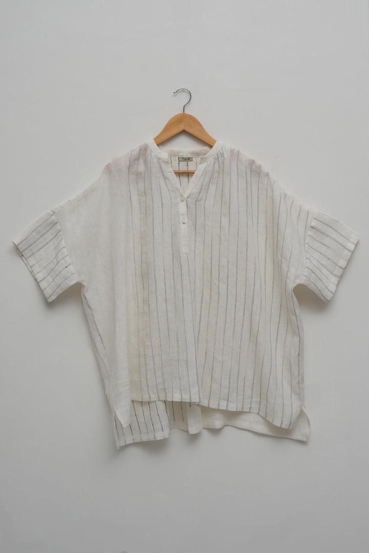 White Embroidered Stripe Pure Linen Shirt