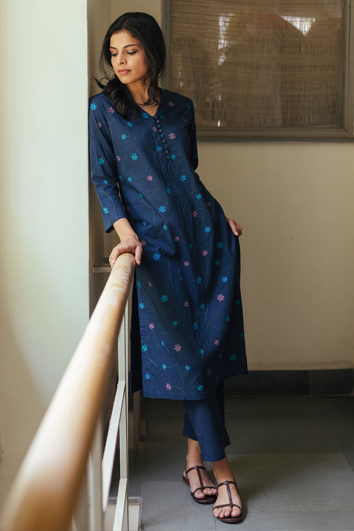 Dark Blue Embroidered Kurta & palazzo pants Set