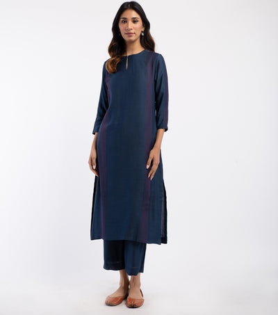 Navy Blue Cotton Silk Kurta & Palazzo Pants Set