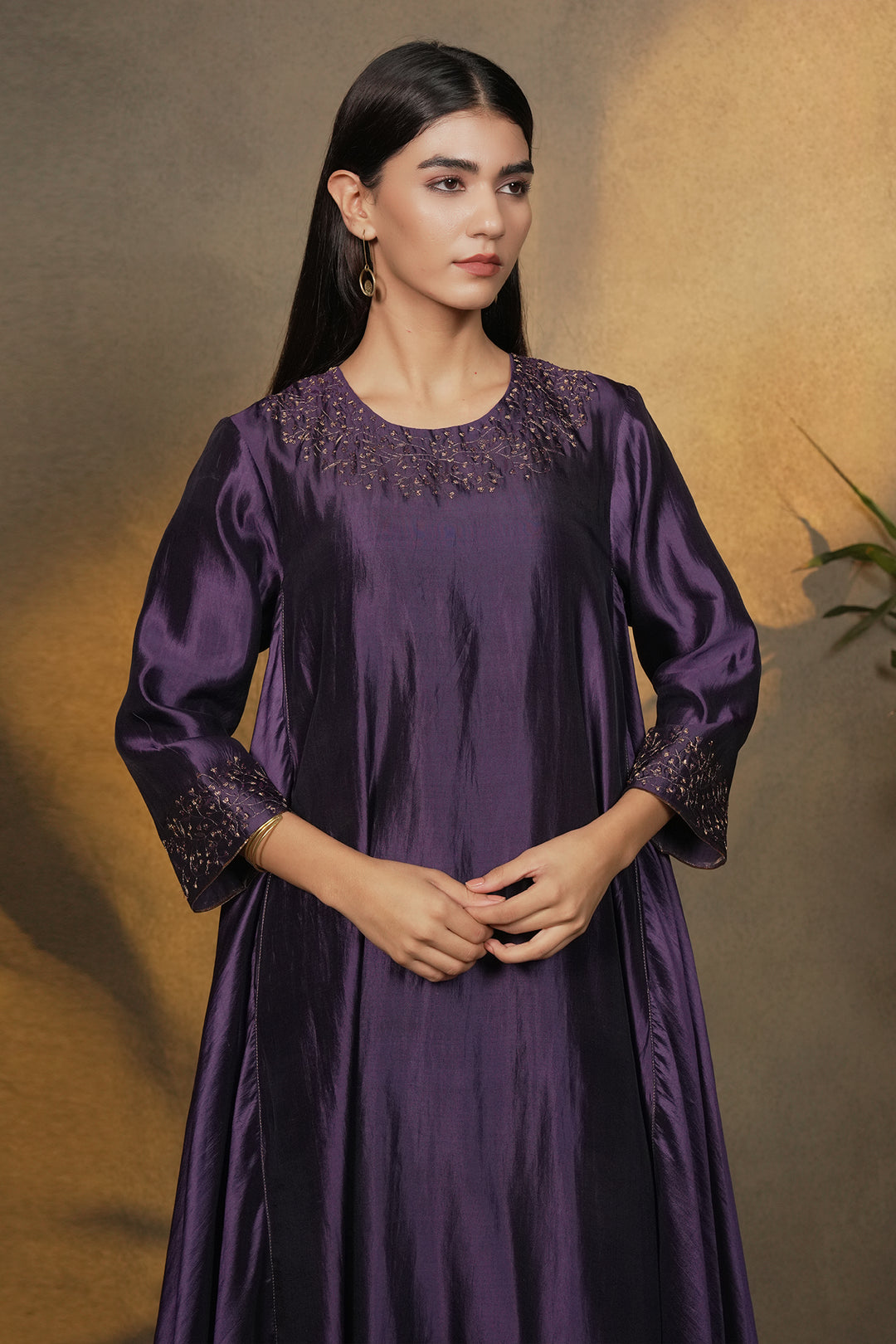 Purple Embroidered Silk Kurta with Pants and Organza Dupatta