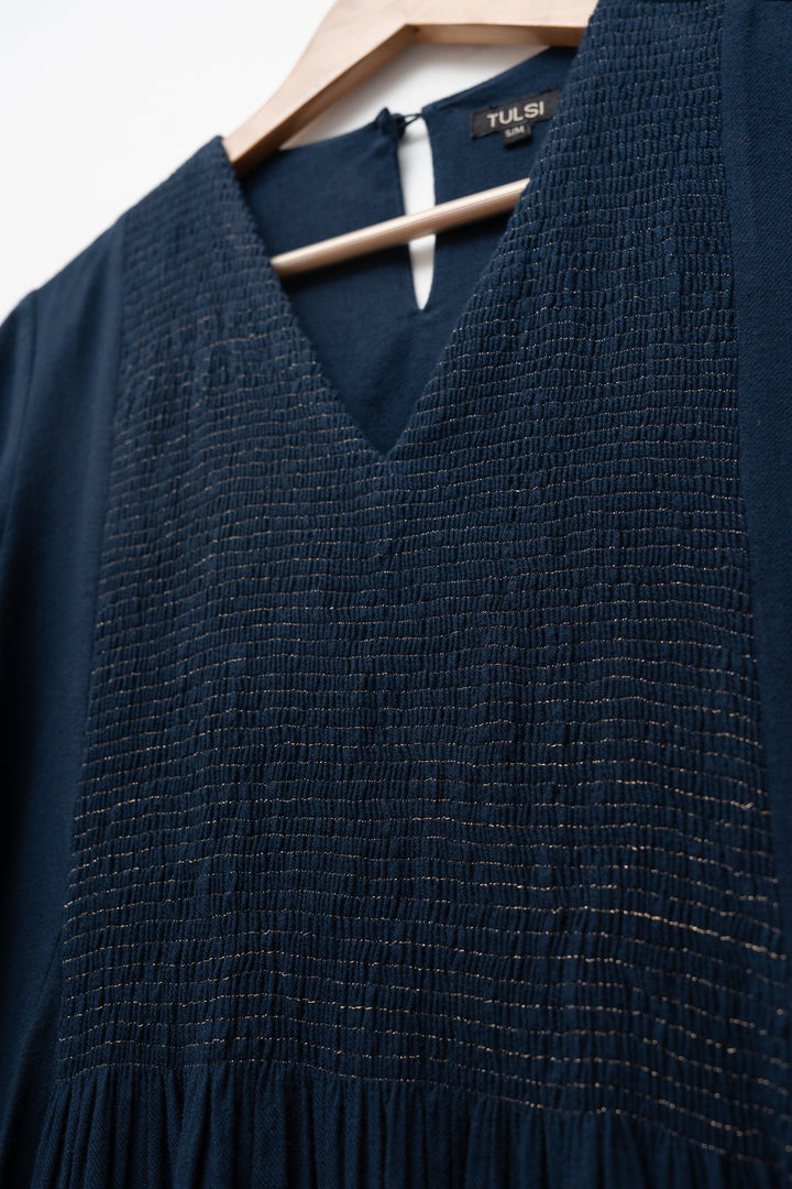 Navy Embroidered Wool Dress