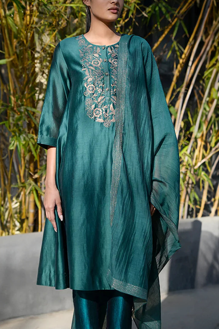 BAHAR EMERALD CHANDERI KURTA SET WITH DUPATTA