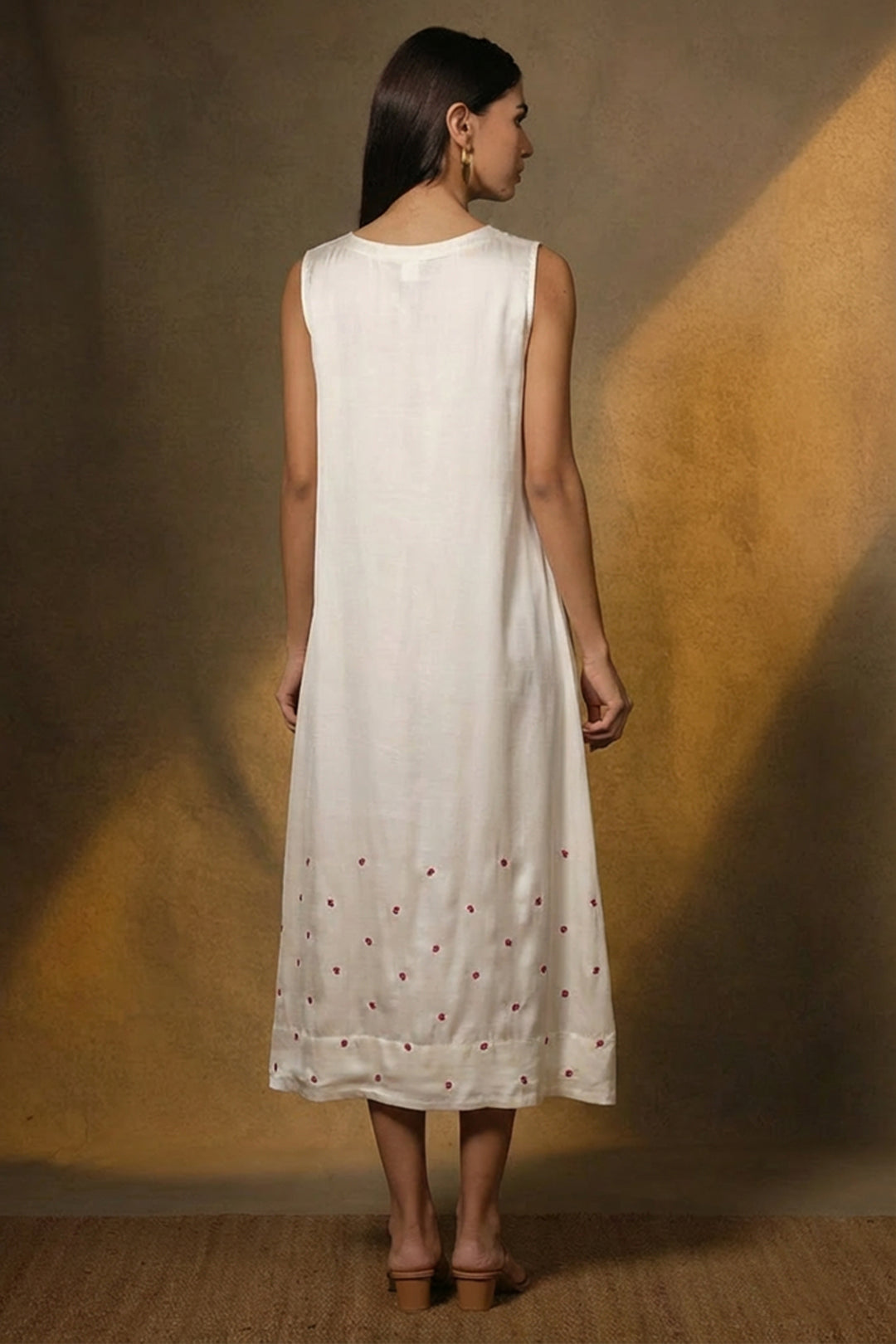 White Embellished Satin Sleeveless Midi Dress